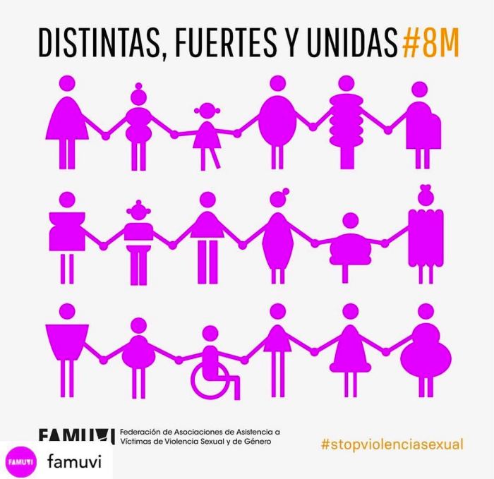 Campaña 8M: dieciocho siluetas de mujeres de distintos cuerpos, edades y capacidades cogidas de la mano.