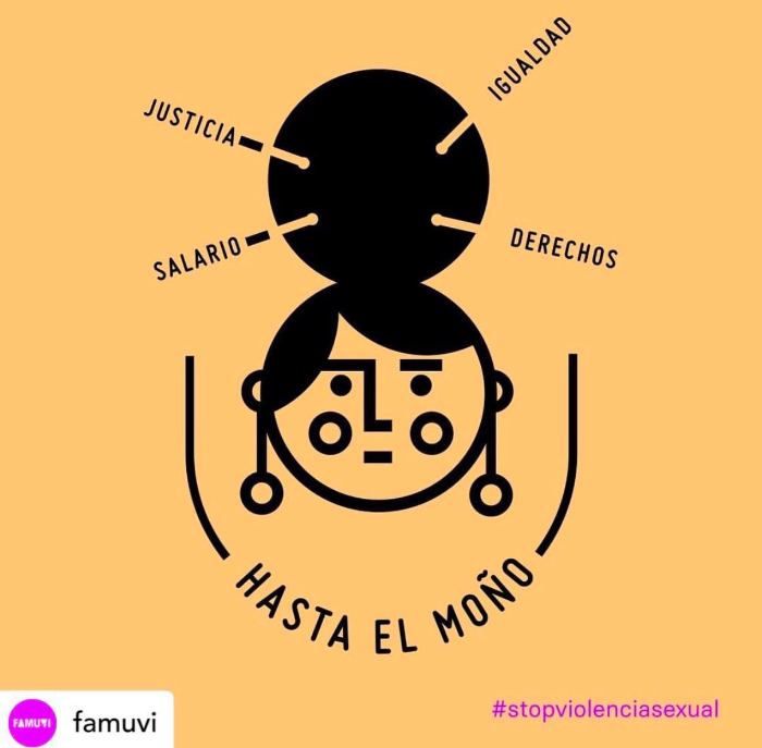 Campaña 8M «Hasta el moño»: un moño del que salen las palabras justicia, igualdad, salario y derechos.