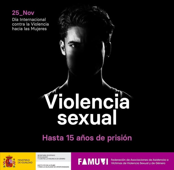 Campaña 25N: rostro de un hombre en penumbra con el texto «Violencia sexual, hasta 15 años de prisión».