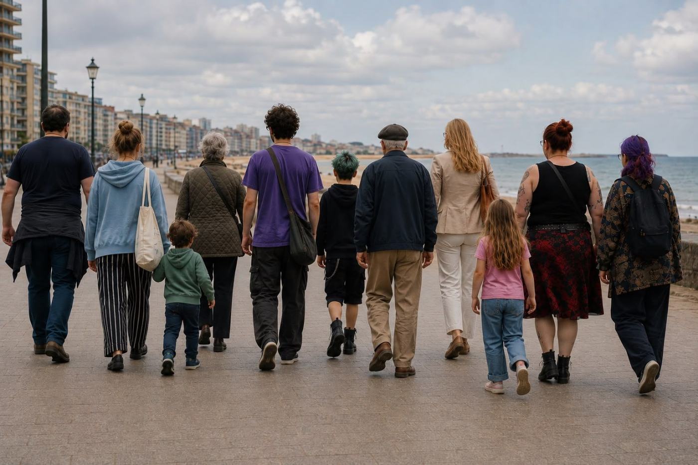 Doce personas de distintas edades, cuerpos y aspectos caminan juntas de espaldas por el paseo marítimo: hombres, mujeres, personas mayores, criaturas y jóvenes.